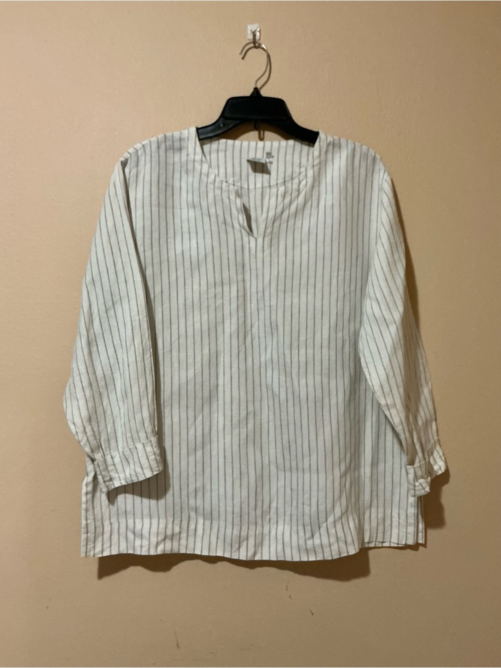 Garnet Hill 100% Linen Cream Linen Tunic with Thin Gray Stripes